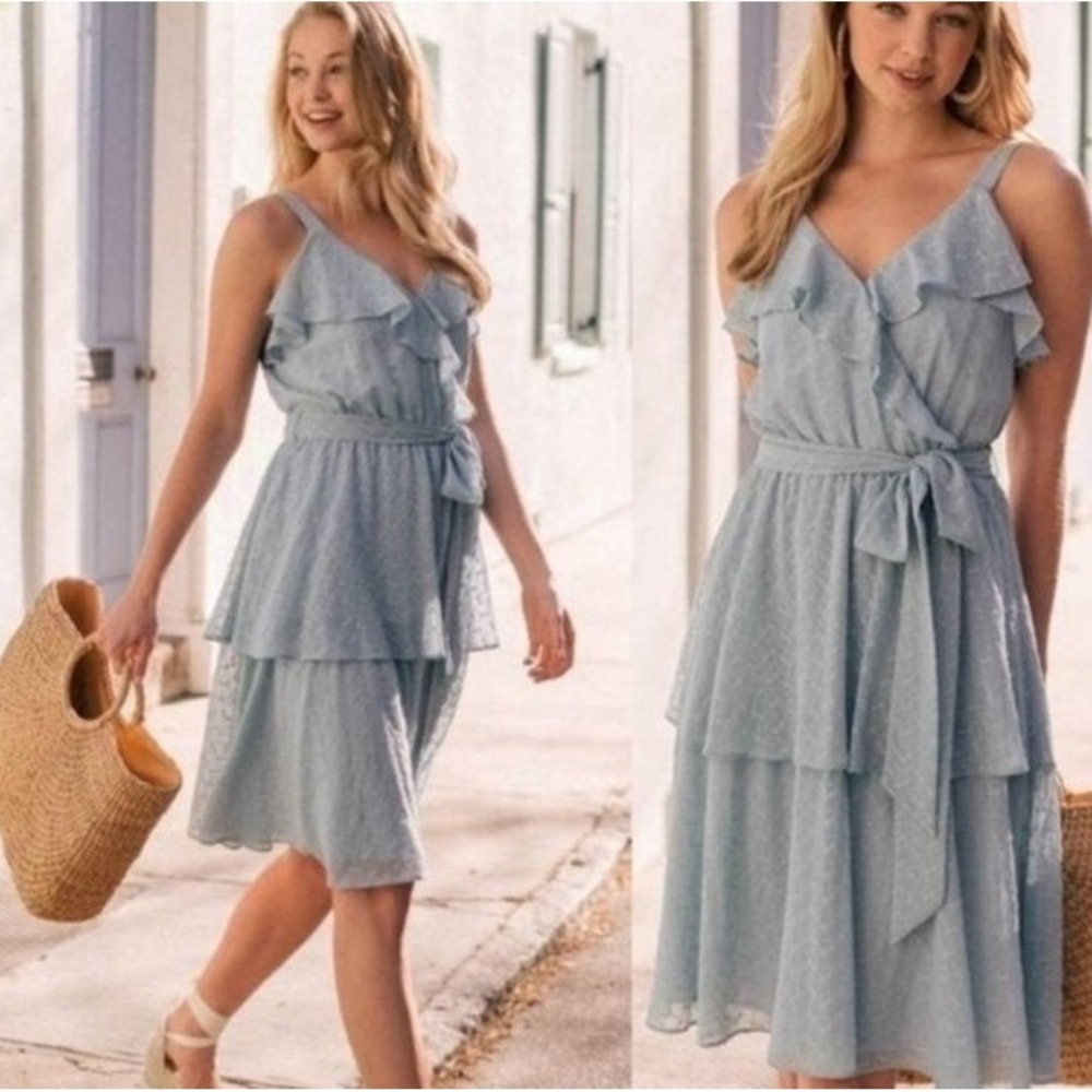 Gal Meets Glam Helena Dress Blue Sea Breeze Sz‎ 8 Ruffle Faux Wrap Tiered